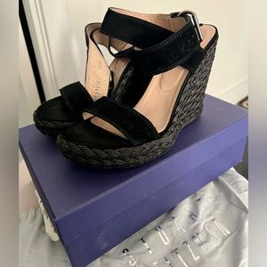 Stuart Weitzman Black suede wedge sandals.
